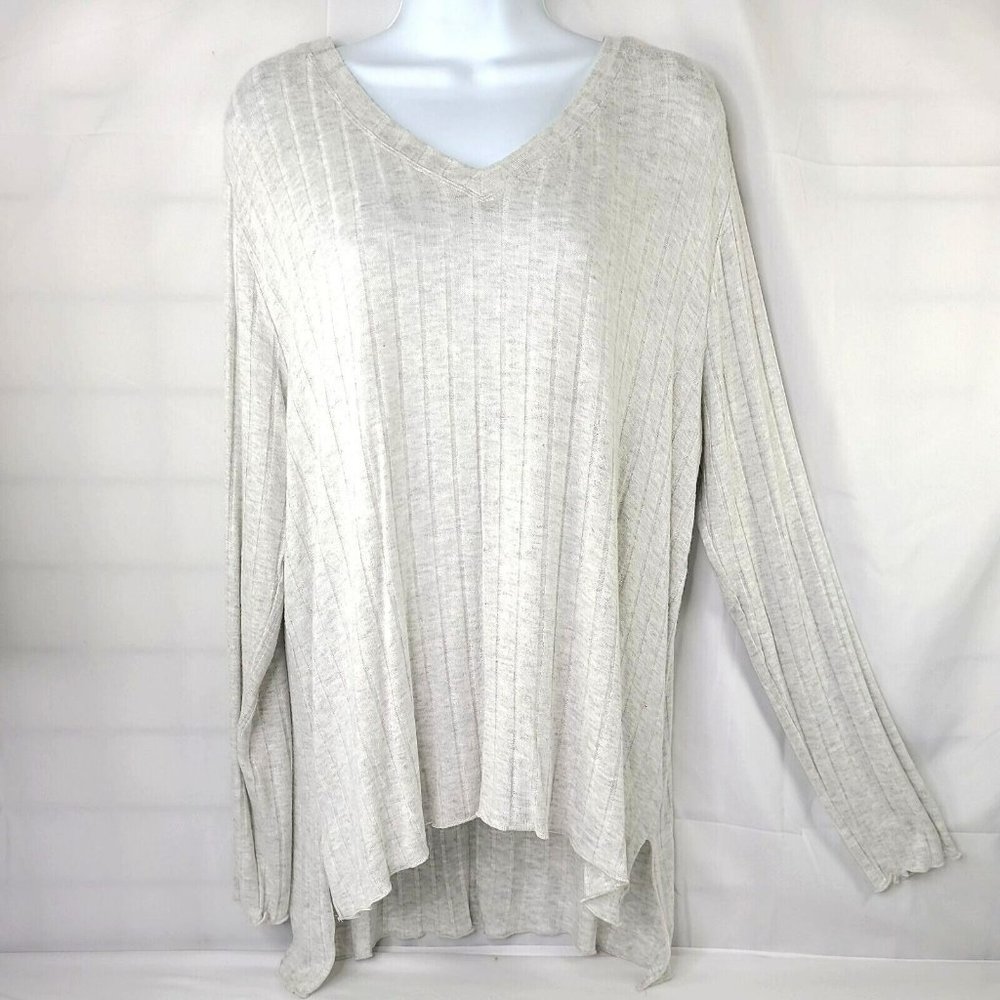 Mote Ivory Gray Stretch Ribbed Top High Low Long Sleeve Tunic Thin Knit Sz LG